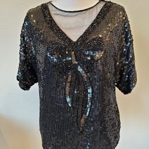 Vintage Black Sequin Bow Top Size Small